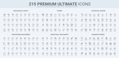 Mekanik parçaların dişli ve dişli sistemi, müteahhitlerin imalat destek mekanizması, elektrik hattı ikonu seti. Endüstriyel üretim, ince siyah taslak çizim semboller vektör çizimi