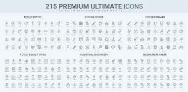 Araba parçaları mağazası ve motorlu taşıt tamiri, teşhis çizgisi simgesi hazır. Endüstri, enerji ve güç üretimi, makine sistemi etkinleştirmesi ince siyah ve kırmızı ana hatlı semboller vektör illüstrasyonu