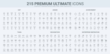 Şampiyon, taç ve kraliyet tacı ödülleri, altın kupa kazananlar, lider tanıma çizgisi ikonu seti. Başarı, onaylanmış kalite, kurumsal ilham ince siyah ana hatlı semboller vektör illüstrasyonu
