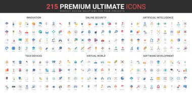 Dijitalleştirme, dijital yenilik, yapay zeka ve siber güvenlik renk ikonu seti. Sanal dünya deneyimi, 360 derecelik görüş, hilekârlıktan korunma, kod böcekleri düz elementler vektör çizimi