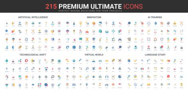 Yapay zeka ve yapay zeka yardımcı eğitimi, yabancı dil çalışması, dijitalleştirme, sanal dünya renk ikonu seti. Makine öğrenme ve nöral ağlar, veri filtresi düz vektör illüstrasyonu