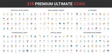 Yapay zeka yenilik teknolojisi, VR ve teknoloji beyni, ödenebilir olmayan jetonlar, makine öğrenme renk ikonu seti. Eğitim AI sistemi ve modelleri, yazılım kodu geliştirme, metaverse düz elementler vektör illüstrasyonu