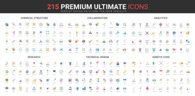 Molekülün kimyasal yapısı, bilim araştırması, genetik, veri analizi, işbirliği renk ikonu seti. Laboratuvar analizi ve kanıtlar, yapay zeka otomasyonu, düz elementler vektör illüstrasyonu mühendisliği.