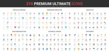 Boyut ve daire okları, boyut ve zemin planı, alan ölçümü, görev organizasyonu renk simgesi seti. Çözümlerin analizi ve desteği verimlilik, teknik tasarım düz vektör illüstrasyonu