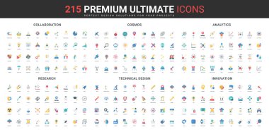 İş birliği, bilim ve uzay araştırması, mühendislik, otomasyon ve yenilik renk ikonu seti. İletişim ve çalışan ilişkileri, bilgi ve analitik düz vektör illüstrasyonu