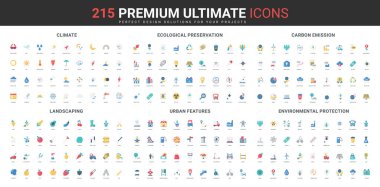 Ekinleri yetiştirmek için bahçe aletleri, çevre koruma, şehir altyapı renk ikonu seti. Yeşil enerji, hava tahmini, mevsim ve iklim, sıcaklık düz elementler vektör illüstrasyonu