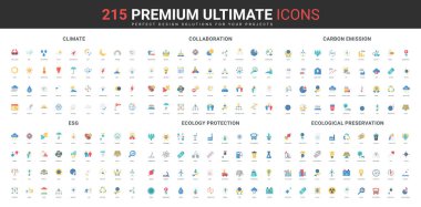 ESG ve çevresel koruma, takım işbirliği, CO2 nötr renk ikonu seti. Dünya, doğa ve iklimin bakım ortamı, yenilenebilir ekolojik enerji düz vektör çizimi ile ekoloji korunumu