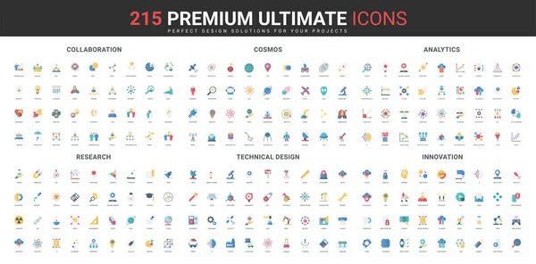 İş birliği, bilim ve uzay araştırması, mühendislik, otomasyon ve yenilik renk ikonu seti. İletişim ve çalışan ilişkileri, bilgi ve analitik düz vektör illüstrasyonu