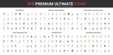 İletişim verimliliği, zaman ve görev yönetimi, kurumsal organizasyon süreci, HR renk simgesi seti. Teslimat için zincir malzemeleri ve ulaşım. İnşaatçının düz vektör çizimi için çalışma günü.