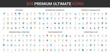 Görev organizasyonu, şirket ve bölüm yapısı, verimlilik, bilgi teknolojisi renk ikonu seti. KPI, akış şeması ve iş süreci akışının diyagramı, düz elementler vektör ilülasyonu adımları