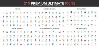 Çevrimiçi servis ve mobil uygulama, e-market satışları, pazarlama, siber güvenlik renk ikonu seti. Arama motoru optimizasyonu, kopyalama, anahtar yazma ve kod geliştirme düz elementler vektör illüstrasyonu