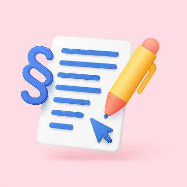 Creative 3D copywriting concept showing a document, pen, cursor, and paragraph symbol on a pastel background for content writing, legal, or editorial projects vector illustration