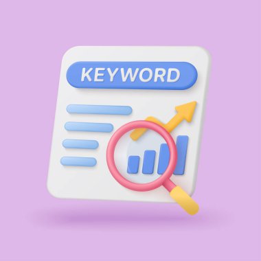Colorful 3d keyword analysis icon with magnifying glass, bar chart, and upward arrow on isolated white background for SEO, marketing, and analytics concepts vector illustration