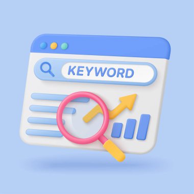 Colorful 3D style browser window with keyword search bar magnifying glass and analytics chart for SEO marketing strategy on isolated blue background vector illustration