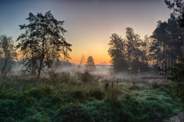 Sis, Güneş doğmadan önce nehirde. Bulutlar güneşin ilk ışınları gelen sıcak bir parlaklık.