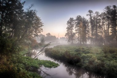 Sis, Güneş doğmadan önce nehirde. Bulutlar güneşin ilk ışınları gelen sıcak bir parlaklık.
