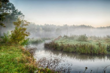 Sis, Güneş doğmadan önce nehirde. Bulutlar güneşin ilk ışınları gelen sıcak bir parlaklık.