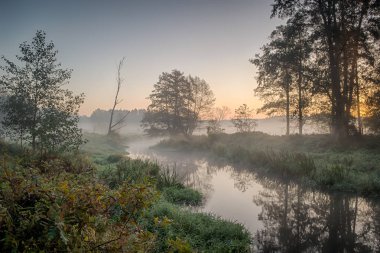 Sis, Güneş doğmadan önce nehirde. Bulutlar güneşin ilk ışınları gelen sıcak bir parlaklık.