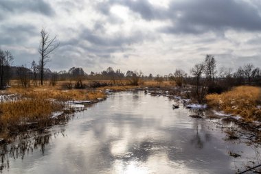 Kış ve nehir Grabia Merkez Polonya.