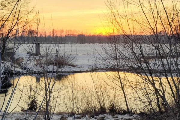 ポーランド中部の Widawka 川の冬の夕日 — ストック写真