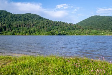 Dağlar ve çayırlarla çevrili göl.