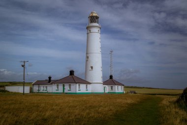 Yeşil çayırlar arasında tarihi bir deniz feneri bulunan Galler kıyıları.