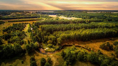 Nehrin tarlalar ve ormanlarla çevrili havadan görüntüsü