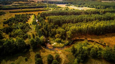 Nehrin tarlalar ve ormanlarla çevrili havadan görüntüsü