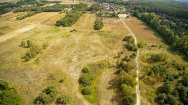 Orta Polonya'da küçük bir nehir, yeşil çayırlar ve ormanlar arasında akan.