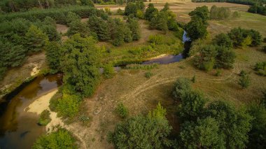 Orta Polonya'da küçük bir nehir, yeşil çayırlar ve ormanlar arasında akan.