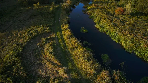 Orta Polonya'da küçük bir nehir, yeşil çayırlar ve ormanlar arasında akan.