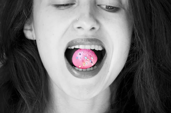 Chica Sexy Comiendo Caramelos Merengue Belleza Glamour Mujer Modelo Comer — Foto de Stock