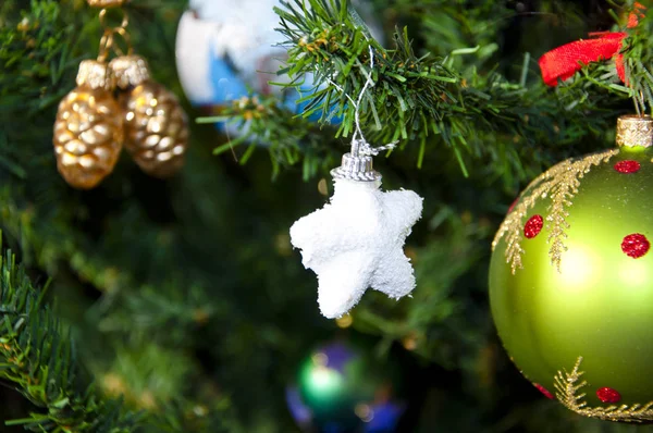 Hermosa Navidad Decorativa Color Blanco Estrella Año Nuevo Pino Verde —  Fotos de Stock