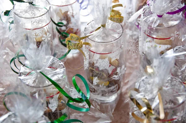 Verpackte Gläser Oder Geschenke Mit Bändern Von Leckeren Weihnachts Oder — Stockfoto