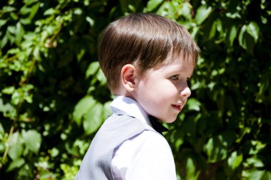 resmi gri takım elbiseli yelek, beyaz gömlek ve siyah papyon güneşli gülümseyen şirin küçük bebek erkek mi beyefendi çocuk yaz aylarında yeşil sarmaşık bitkilerin taşlı duvar zemin üzerine açık