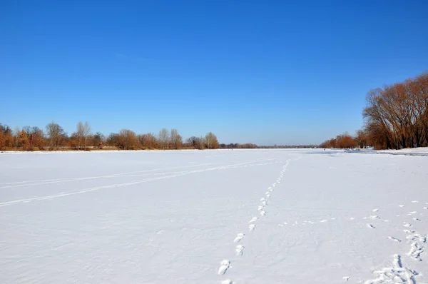 Witte Wintersneeuw Met Voetstap Trace Santa Claus Schoenen Bij Koude — Stockfoto