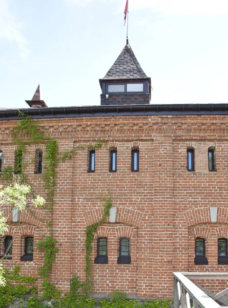 External view of the historic building. Radomysl castle building. Old castle or palace exterior. Historic country house structure. Brick castle architecture with tower. Private fortified residence.