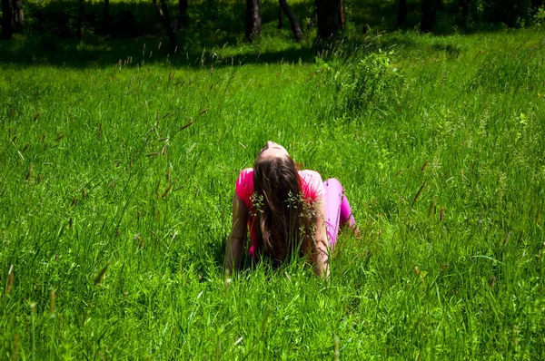 年轻性感的女人或女孩与长黑发粉红色衬衫在绿草阳光明媚的户外自然背景 — 图库照片