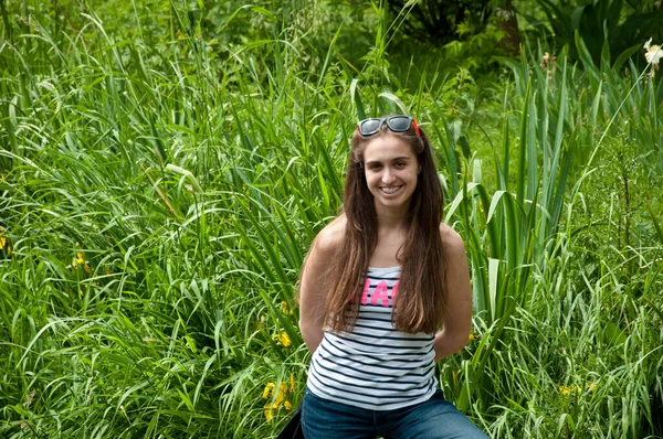 Outdoor Relax Spring Happiness Copy Space Happy Girl Long Hair — Stock Photo, Image