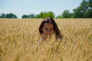 Parlak akşam güneşi. Yaz tarlasında gün batımında bir kız. Seksi gizemli kadın dikenlerin arasından bakıyor. Sahada saklan. Güzel, romantik, açık hava kızı. # Güzel genç kız buğday dikenlerinin ortasında #.