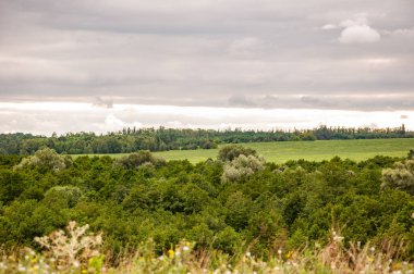 Bulutlu gökyüzü ile dağlık bir manzara. Yeşil Tepe Dağı manzaralı. Vahşi dağda, orman ve yeşil vadiyle nefes kesici bir yaz günü. Vadisi olan bir dağ manzarası. Sonbahar doğası.