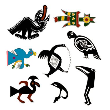 Horoz, papağan, akbaba, sinek kuşu, bir kaz - kuşların fotoğraf bir dizi. Yerli Amerikalıların etnik desenler: Aztek, İnka, Maya, Alaska yerliler (Meksika, Ekvador, Peru). Meksika tarzı çizim. Vektör çizim.