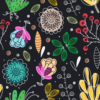 Çiçek seamless modeli. El yaratıcı çiçek çekilmiş. Çiçeği ile renkli sanatsal arka plan. Soyut ot