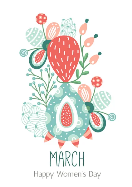 Március 8. Boldog női nap. Virágos nyolcas. Tavaszi szünidő. Kreatív kézzel rajzolt színes absztrakt virágok — Stock Vector