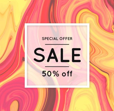 Satılık. Ebru. Mermer doku. İndirim. Vektör renkli arka plan. Boya sıçrama. Renkli sıvı. Alışveriş