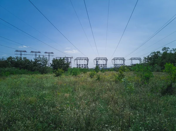 Pilones Electricidad Siluetas Contra Sol Zaporozhye Ucrania Agosto 2018 —  Fotos de Stock