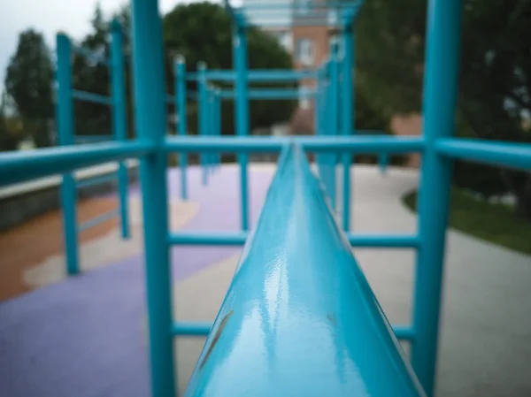 Blue metallic handrail close-up photo. — Stock Photo, Image