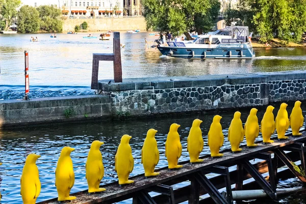Желтые Пингвины Гигантский Стул Над Рекой Праге — стоковое фото