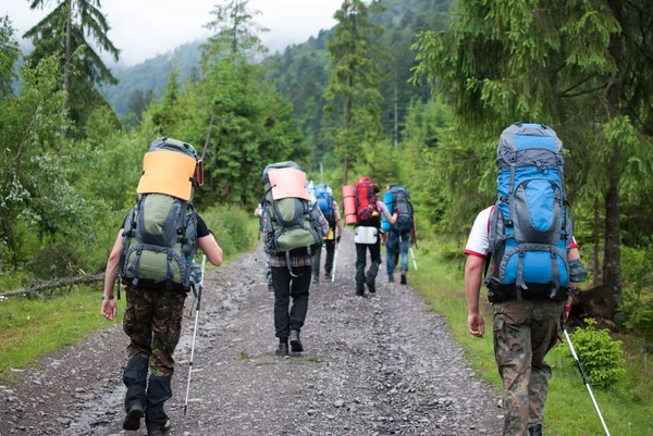 Friends together journey to mountains with rucksacks and alpenstocks