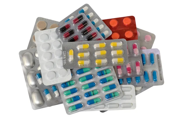 Red Blue Yellow Green White Pills Tablets Healthcare Pharmacy — Stock Photo, Image
